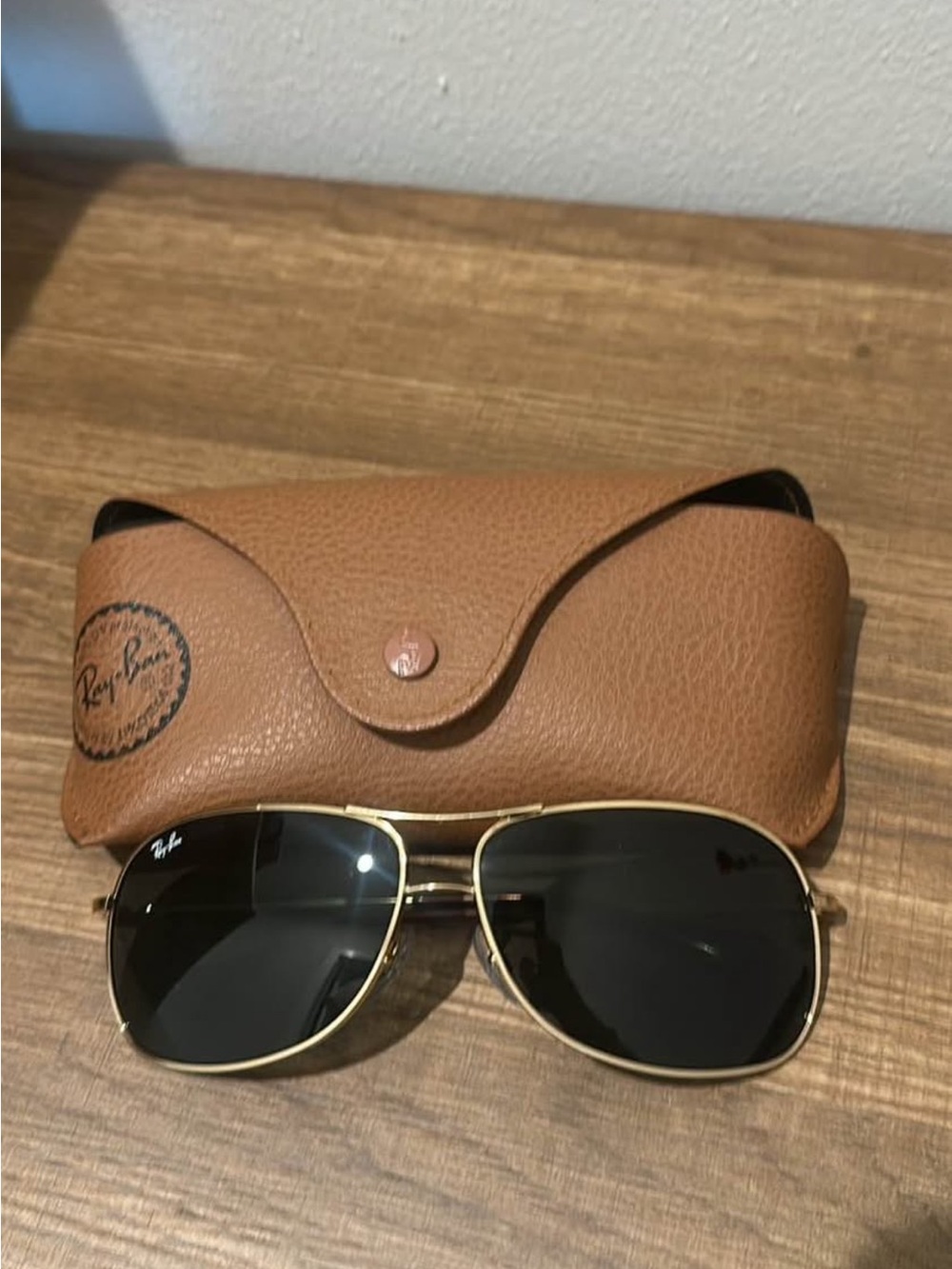 Ray-Ban Gold Frame Sunglasses with Black Lenses and Brown Case
